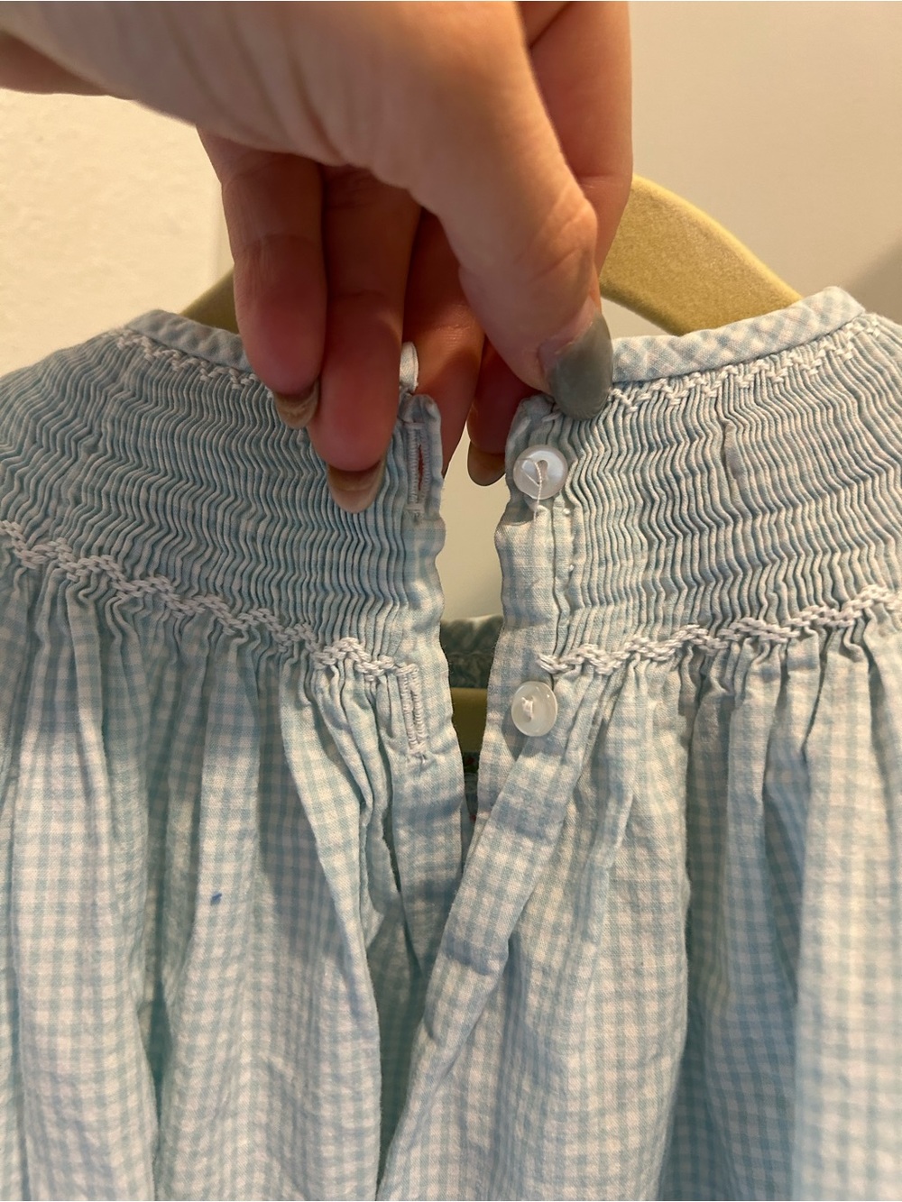 Petit Bebe Smocked Bishop Dress - Light Blue & White Gingham with Strawberries - Picture 3 of 9